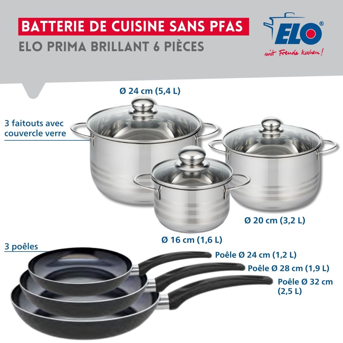 Ensemble de 3 Poêles de cuisson 24, 28 et 32 cm et 3 faitouts 16, 20 et 24 cm  Prima Brillant Elo - Mathon - 2
