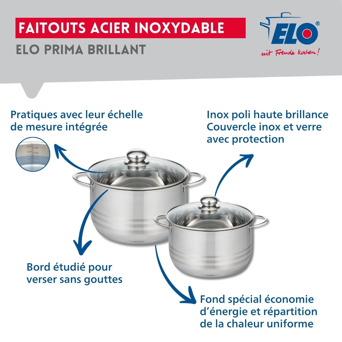 Ensemble de 3 Poêles de cuisson 20, 28 et 32 cm et 2 faitouts 20 et 24 cm  Prima Brillant Elo - Mathon - 3