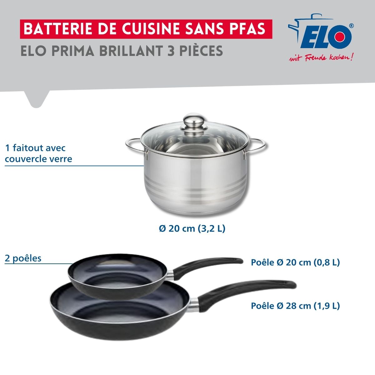 Ensemble de 2 Poêles de cuisson 20 et 28 cm et 1 faitout 20 cm  Prima Brillant Elo - Mathon - 2