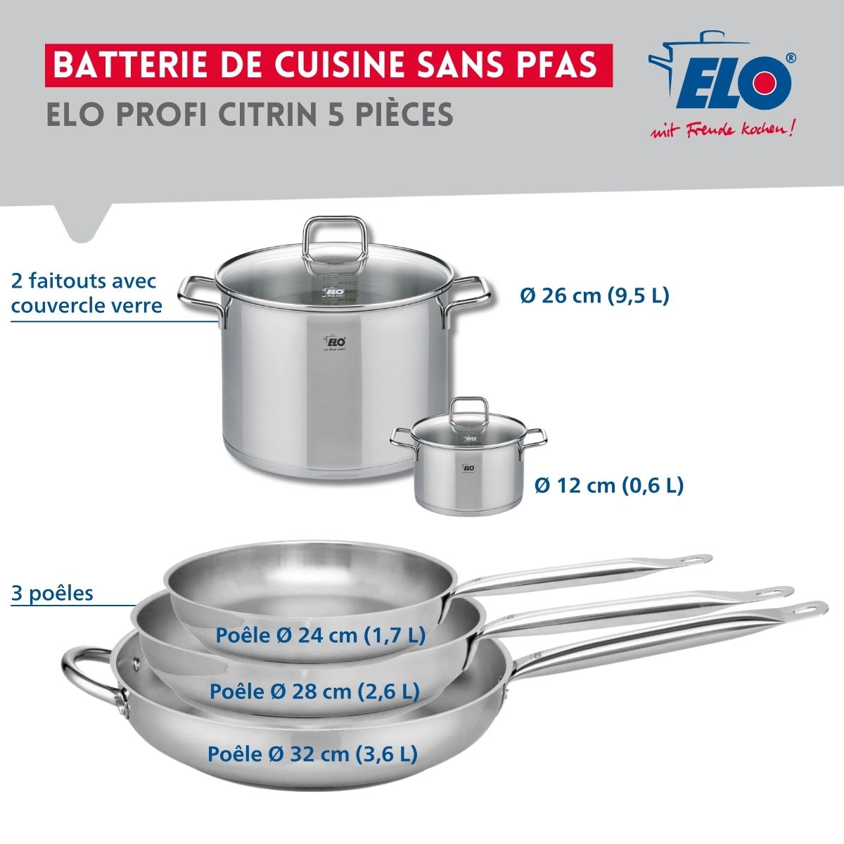 Ensemble de 3 Poêles de cuisson 24, 28 et 32 cm et 2 faitouts 12 et 26 cm  Profi Citrin Elo - Mathon - 2