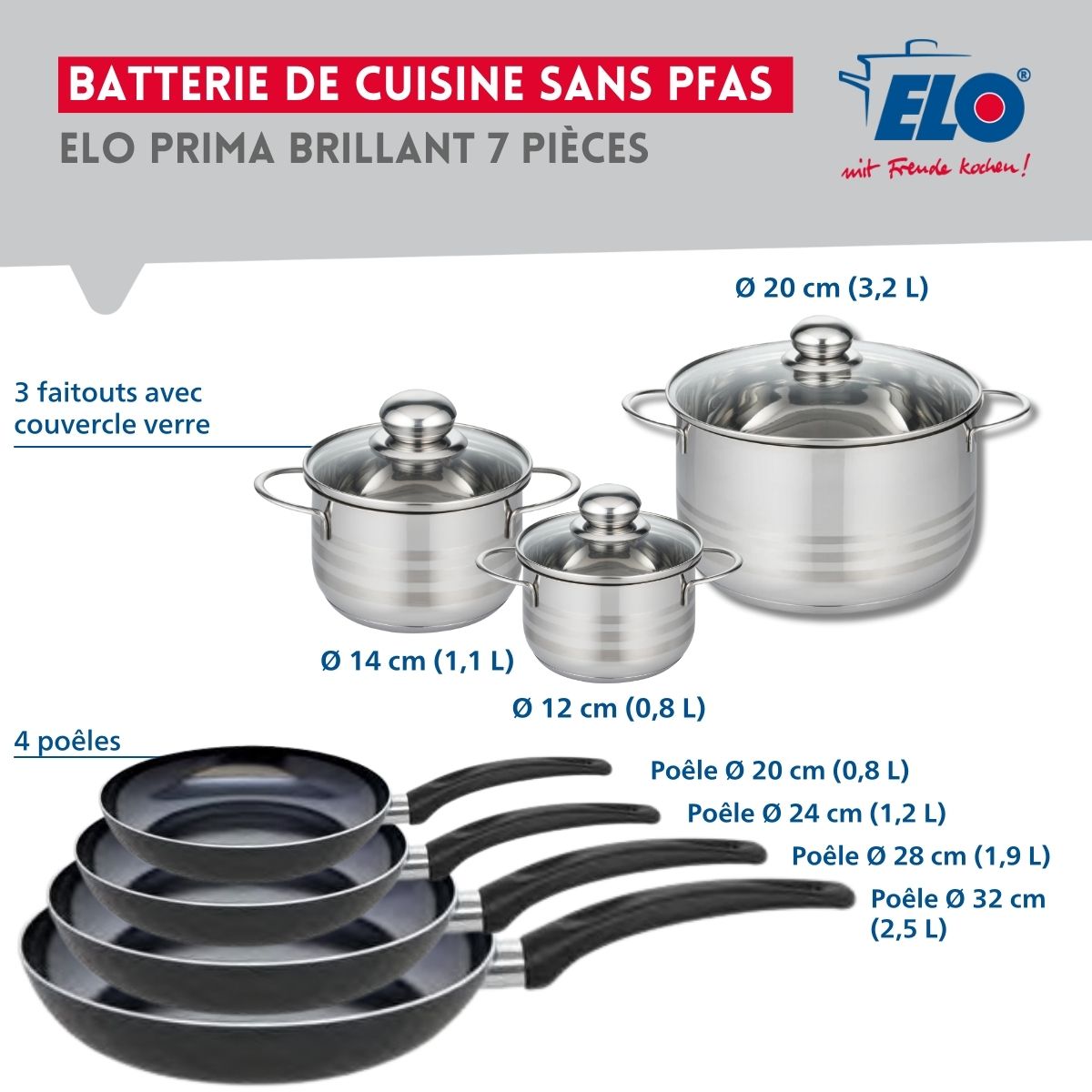 Ensemble de 4 Poêles de cuisson 20, 24, 28 et 32 cm et 3 faitouts 12, 14 et 20 cm  Prima Brillant Elo - Mathon - 2