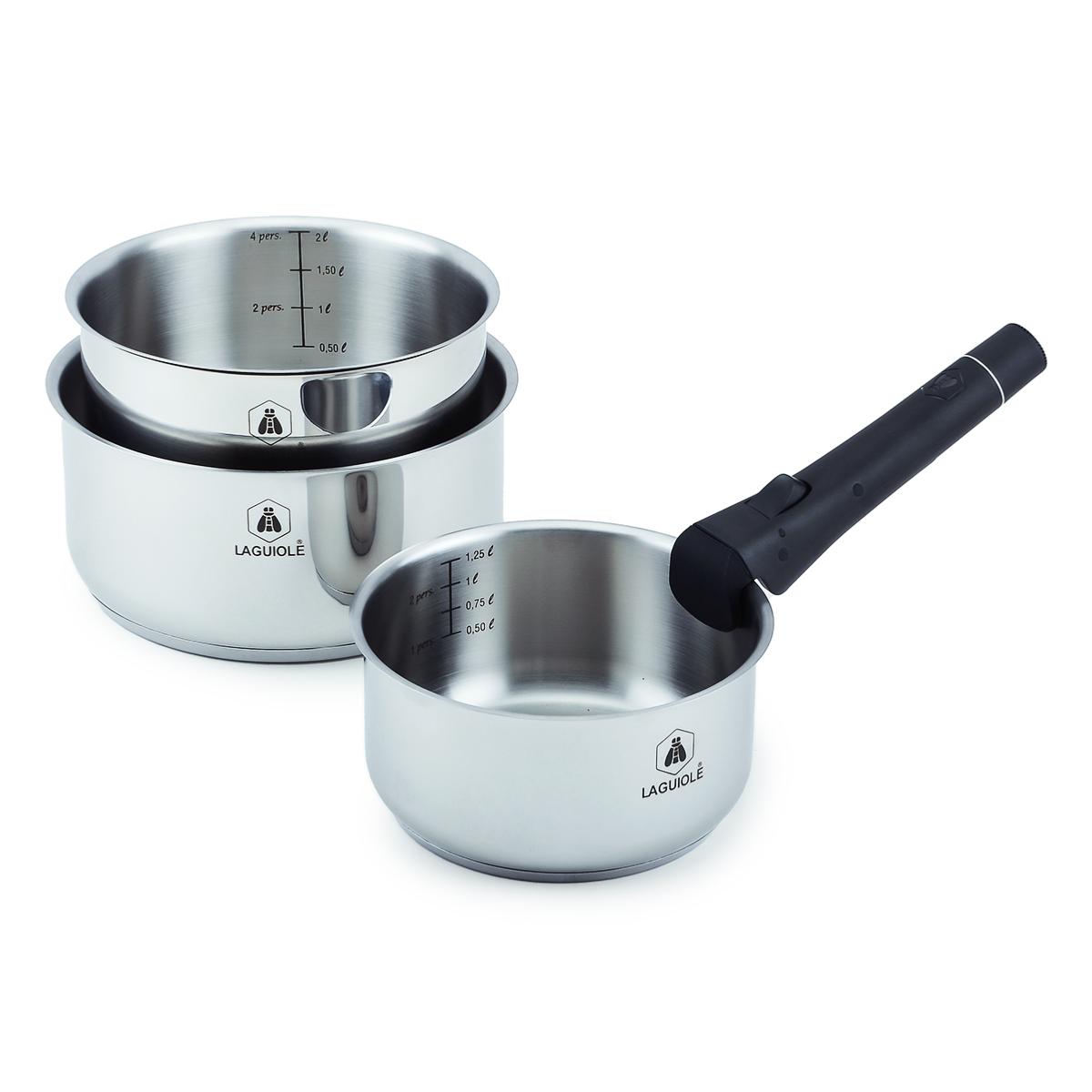 Set de 3 casseroles inox amovible 16/18/20cm - "Réactif" Laguiole Cuisson - Mathon - 1