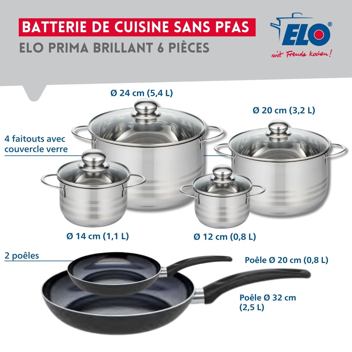 Ensemble de 2 Poêles de cuisson 20 et 32 cm et 4 faitouts 12, 14, 20 et 24 cm  Prima Brillant Elo - Mathon - 2