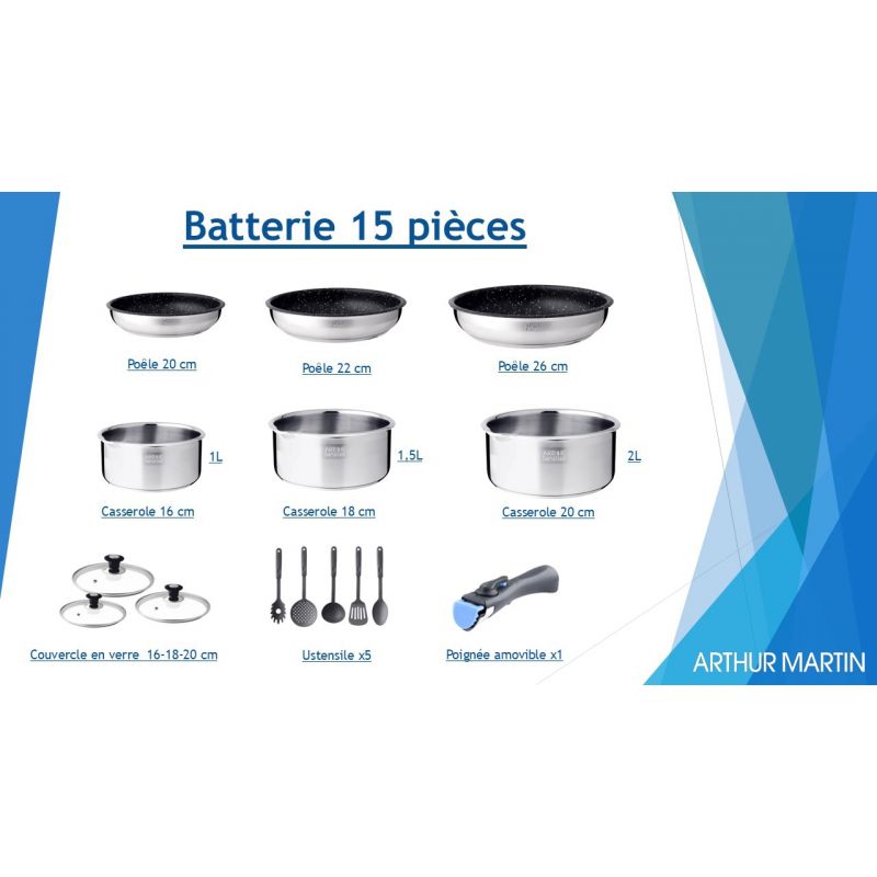 Batterie de cuisine inox avec manche amovible 15 pieces Arthur Martin AM1275 Arthur Martin - Mathon - 2