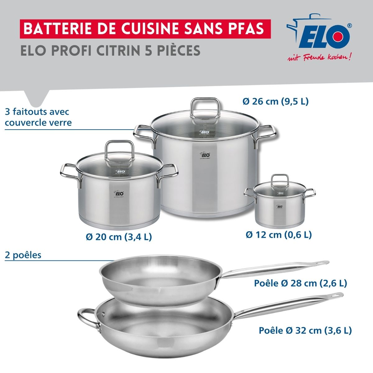 Ensemble de 2 Poêles de cuisson 28 et 32 cm et 3 faitouts 12, 20 et 26 cm  Profi Citrin Elo - Mathon - 2