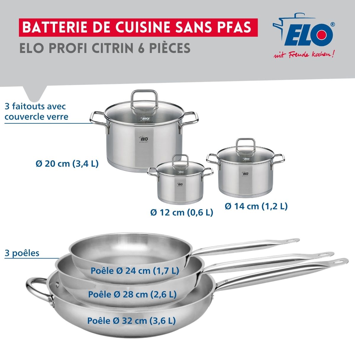 Ensemble de 3 Poêles de cuisson 24, 28 et 32 cm et 3 faitouts 12, 14 et 20 cm  Profi Citrin Elo - Mathon - 2