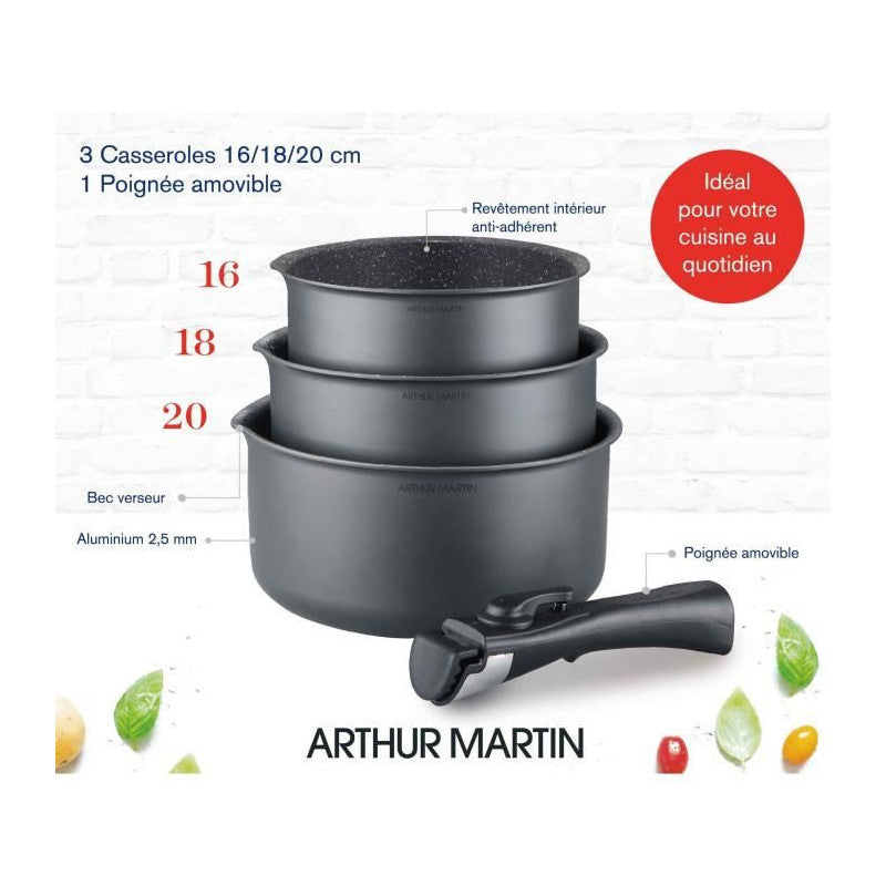 Batterie De Cuisine   Am777gm Set De 3 Casseroles - Gris Mat 16-18-20 Cm + 1 Poignée Amovible - Tous Feux Dont Indu Arthur Martin - Mathon - 3