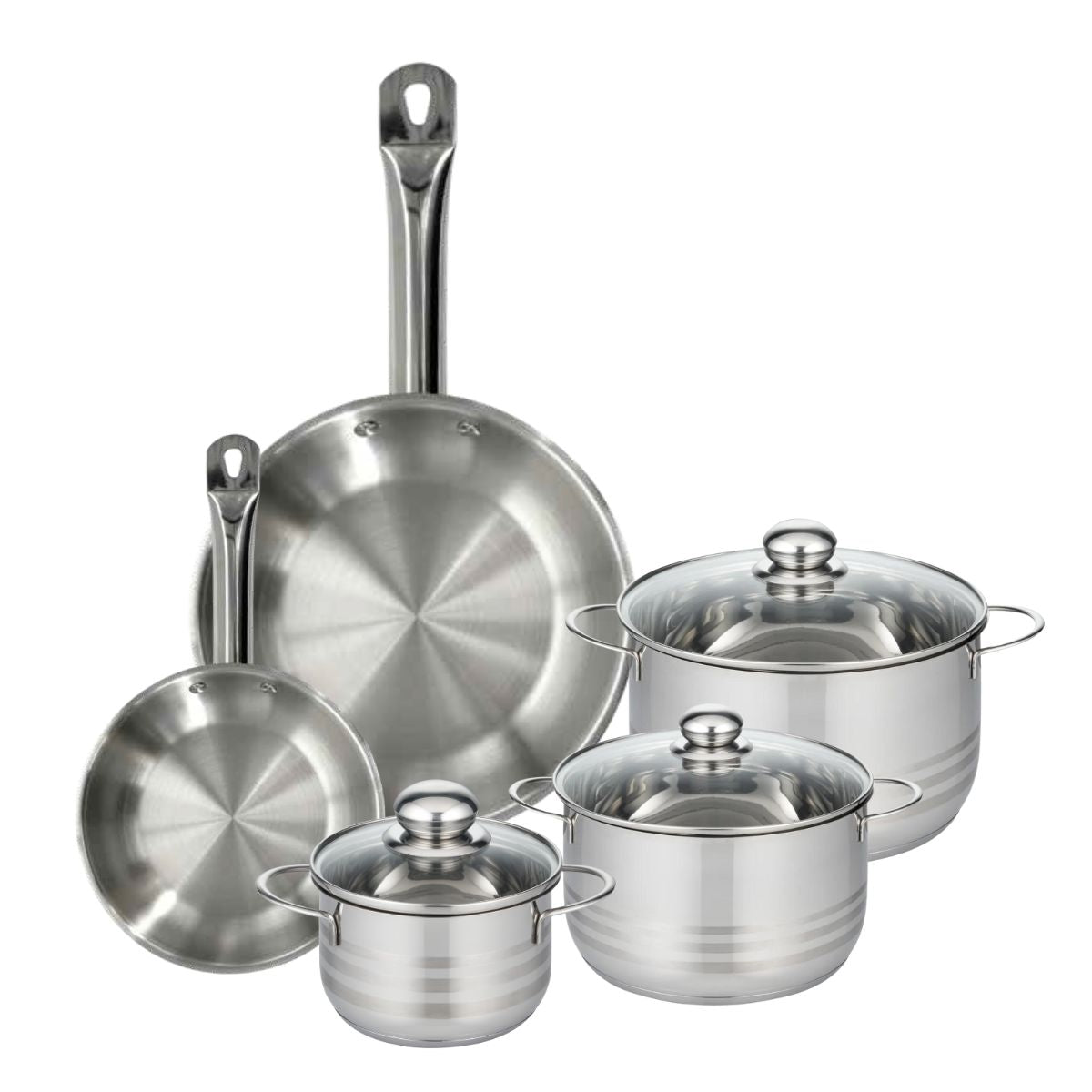 Set 2 poêles 24 28 cm en inox, 3 faitouts inox 16, 20 et 24 cm  Eterna Fackelmann - Mathon - 1