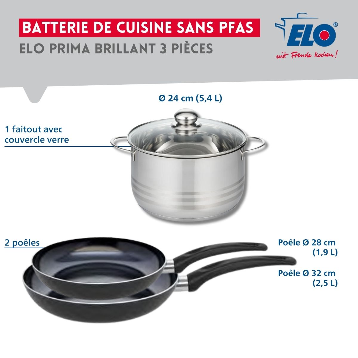 Ensemble de 2 Poêles de cuisson 28 et 32 cm et 1 faitout 24 cm  Prima Brillant Elo - Mathon - 2