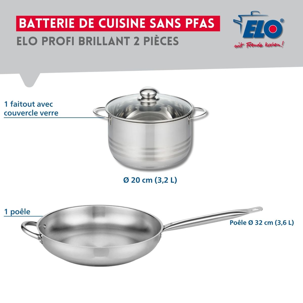 Ensemble de 1 Poêle de cuisson 32 cm et 1 faitout 20 cm  Profi Brillant Elo - Mathon - 2