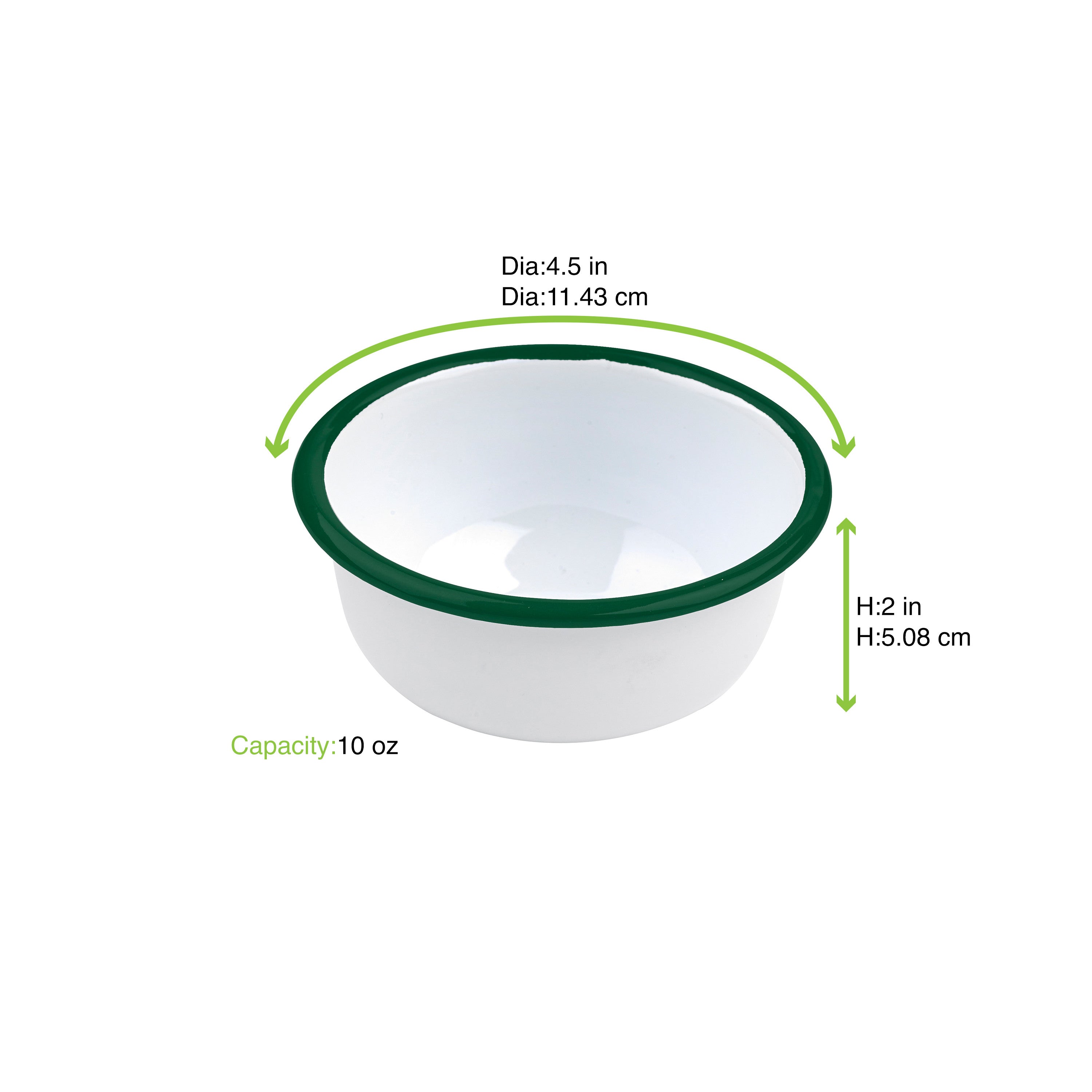 12Pcs - Bol Enamel blanc en acier émaillé  à bord plat et vert   H50mm 300ml FirstPack - Mathon - 2