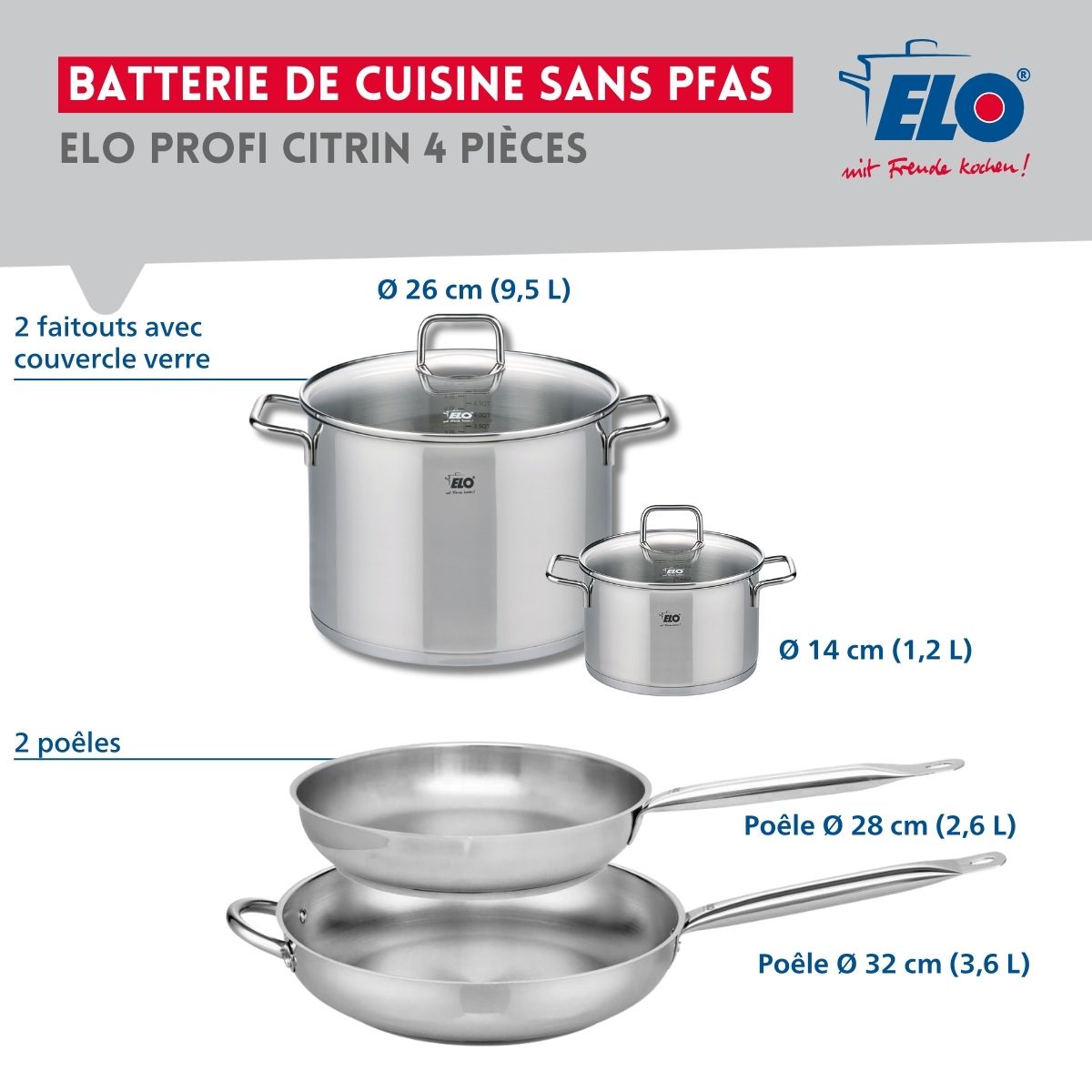 Ensemble de 2 Poêles de cuisson 28 et 32 cm et 2 faitouts 14 et 26 cm  Profi Citrin Elo - Mathon - 2