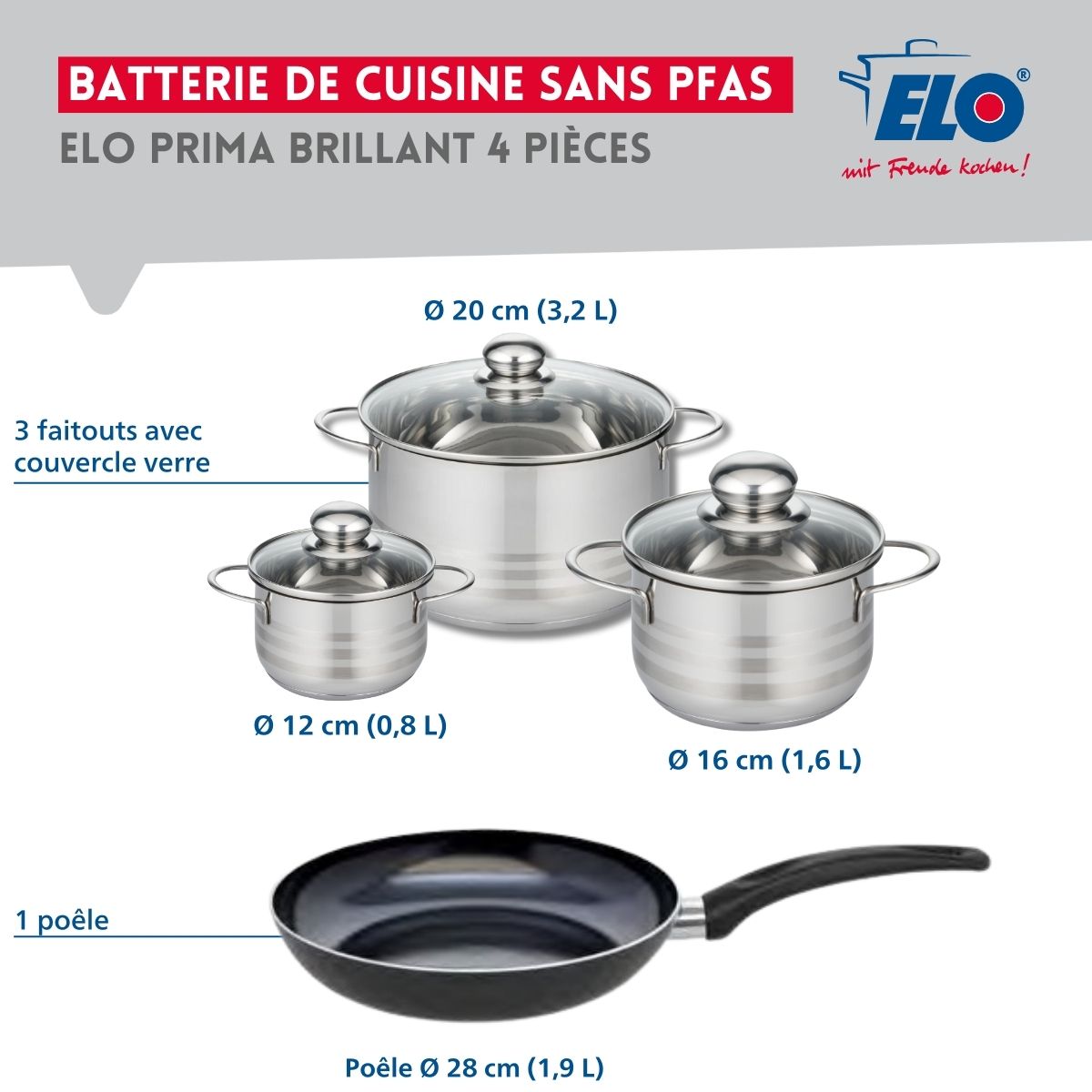 Ensemble de 1 Poêle de cuisson 28 cm et 3 faitouts 12, 16 et 20 cm  Prima Brillant Elo - Mathon - 2