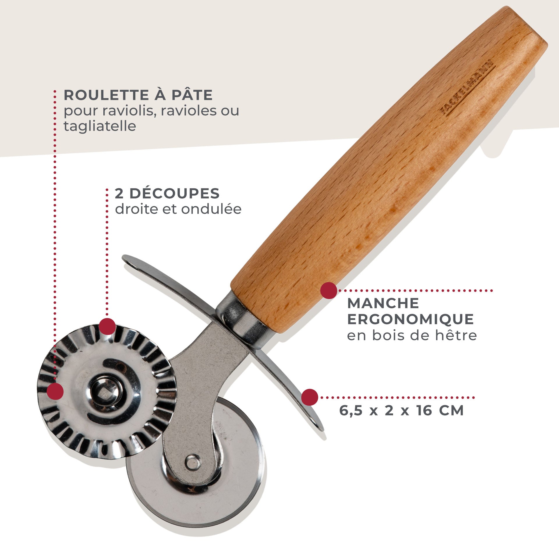 Roulette double embout pour pâtes fraiches 16 cm  Pizza & Pasta Fackelmann - Mathon - 3