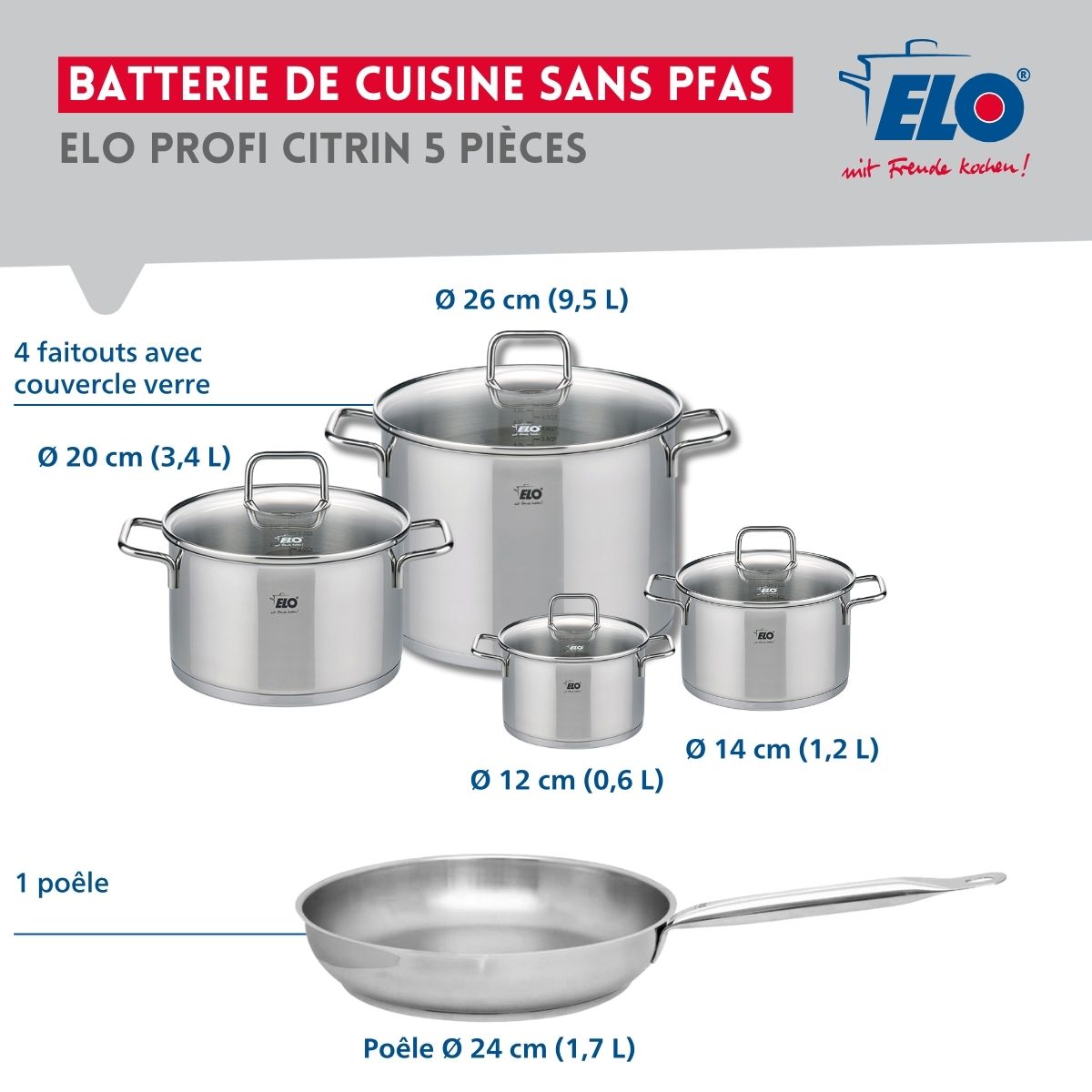 Ensemble de 1 Poêle de cuisson 24 cm et 4 faitouts 12, 14, 20 et 26 cm  Profi Citrin Elo - Mathon - 2