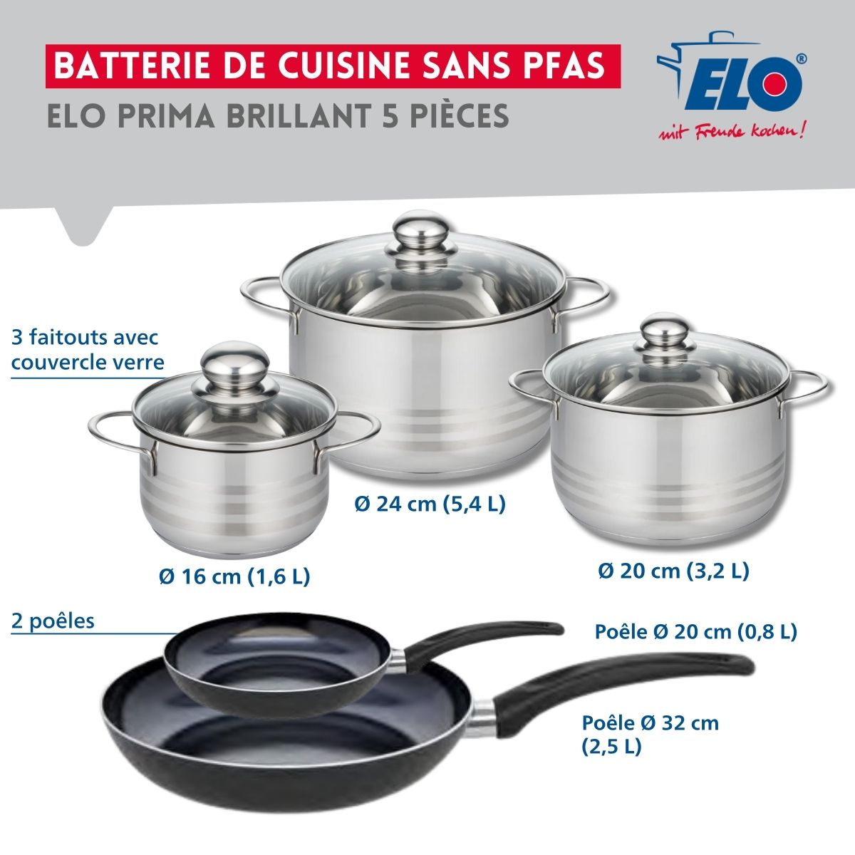Ensemble de 2 Poêles de cuisson 20 et 32 cm et 3 faitouts 16, 20 et 24 cm  Prima Brillant Elo - Mathon - 2