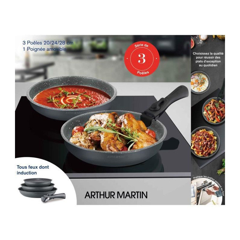 Batterie De Cuisine   Am521gm Set De 3 Poeles - Gris Mat 20-24-28 Cm + 1 Poignée Amovible - Tous Feux Dont Inductio Arthur Martin - Mathon - 3