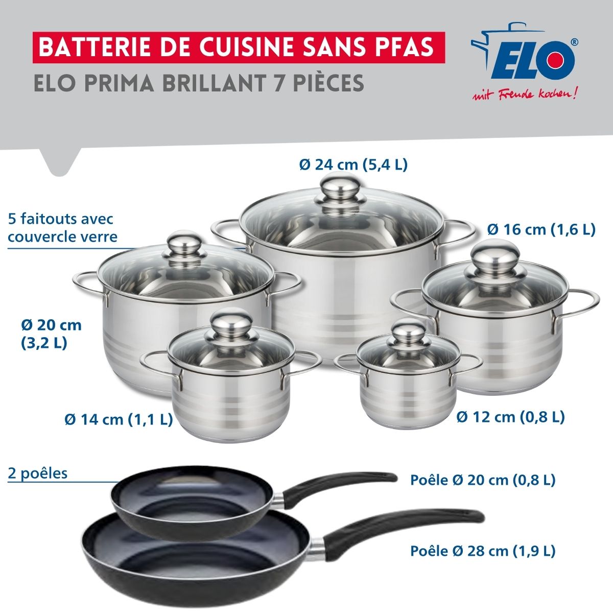 Ensemble de 2 Poêles de cuisson 20 et 28 cm et 5 faitouts 12, 14, 16, 20 et 24 cm  Prima Brillant Elo - Mathon - 2