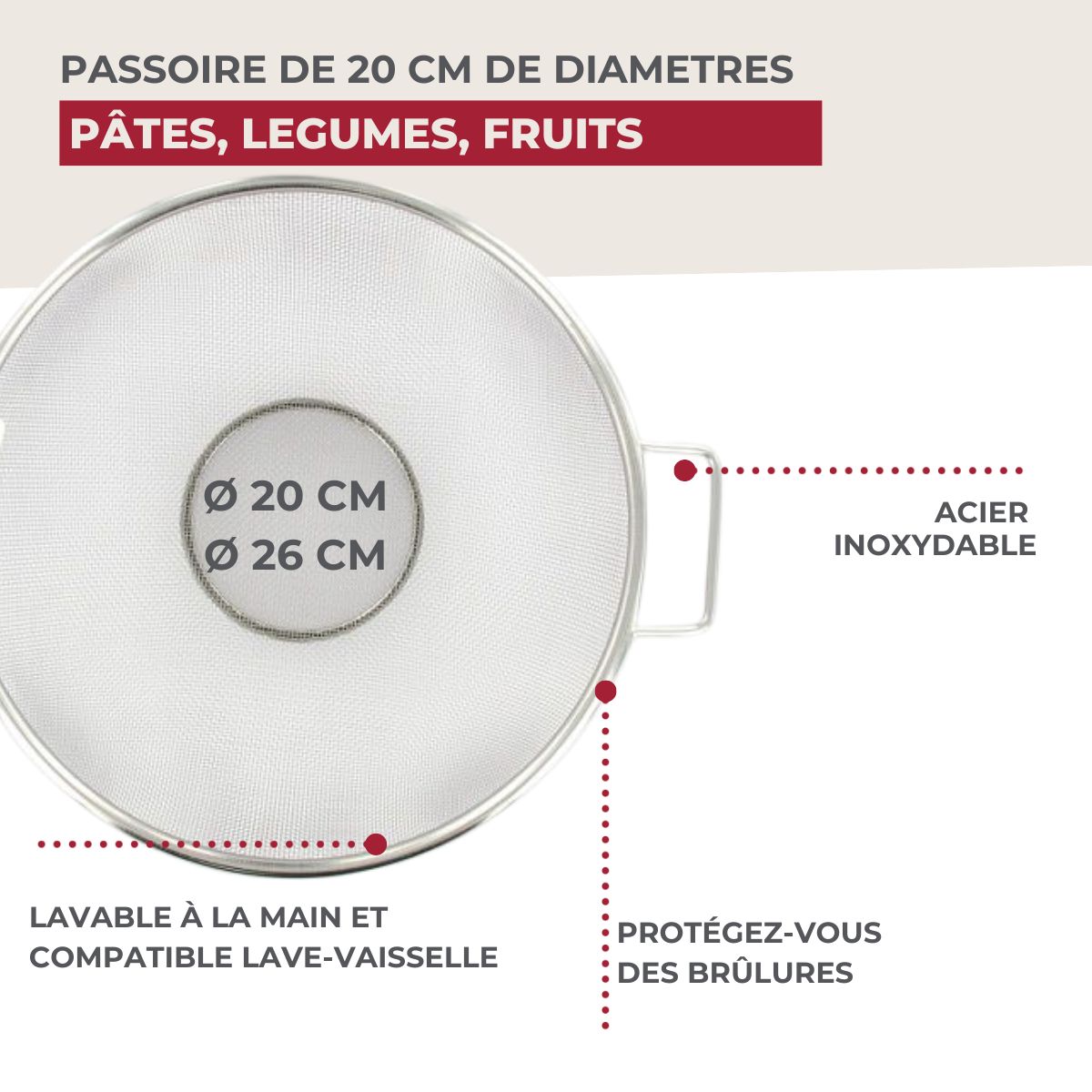 Passoire Pliable Passoire Inox 22,5 Cm Avec Poignées Et Base - Tamis Cuisine Pour Pâtes, Légumes, Riz - Acier Inoxydable Schiumarola Acciaio Inox