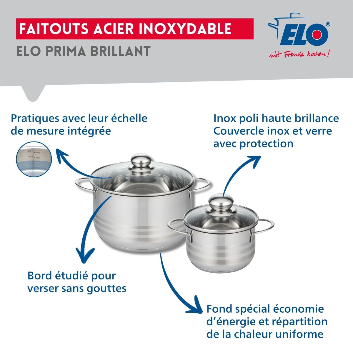 Ensemble de 3 Poêles de cuisson 20, 28 et 32 cm et 2 faitouts 16 et 24 cm  Prima Brillant Elo - Mathon - 3