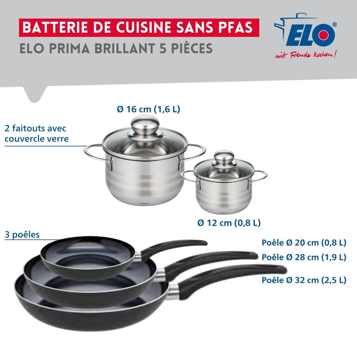 Ensemble de 3 Poêles de cuisson 20, 28 et 32 cm et 2 faitouts 12 et 16 cm  Prima Brillant Elo - Mathon - 2