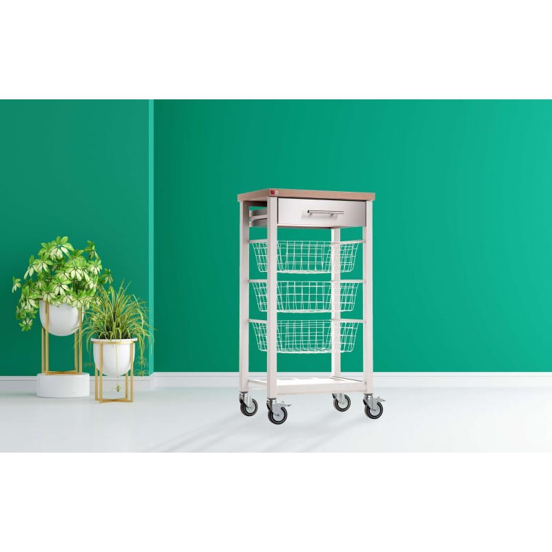 Desserte de cuisine onda – plateau décor bois orme, façade du tiroir en inox et 3 paniers de rangement Don Hierro - Mathon - 6