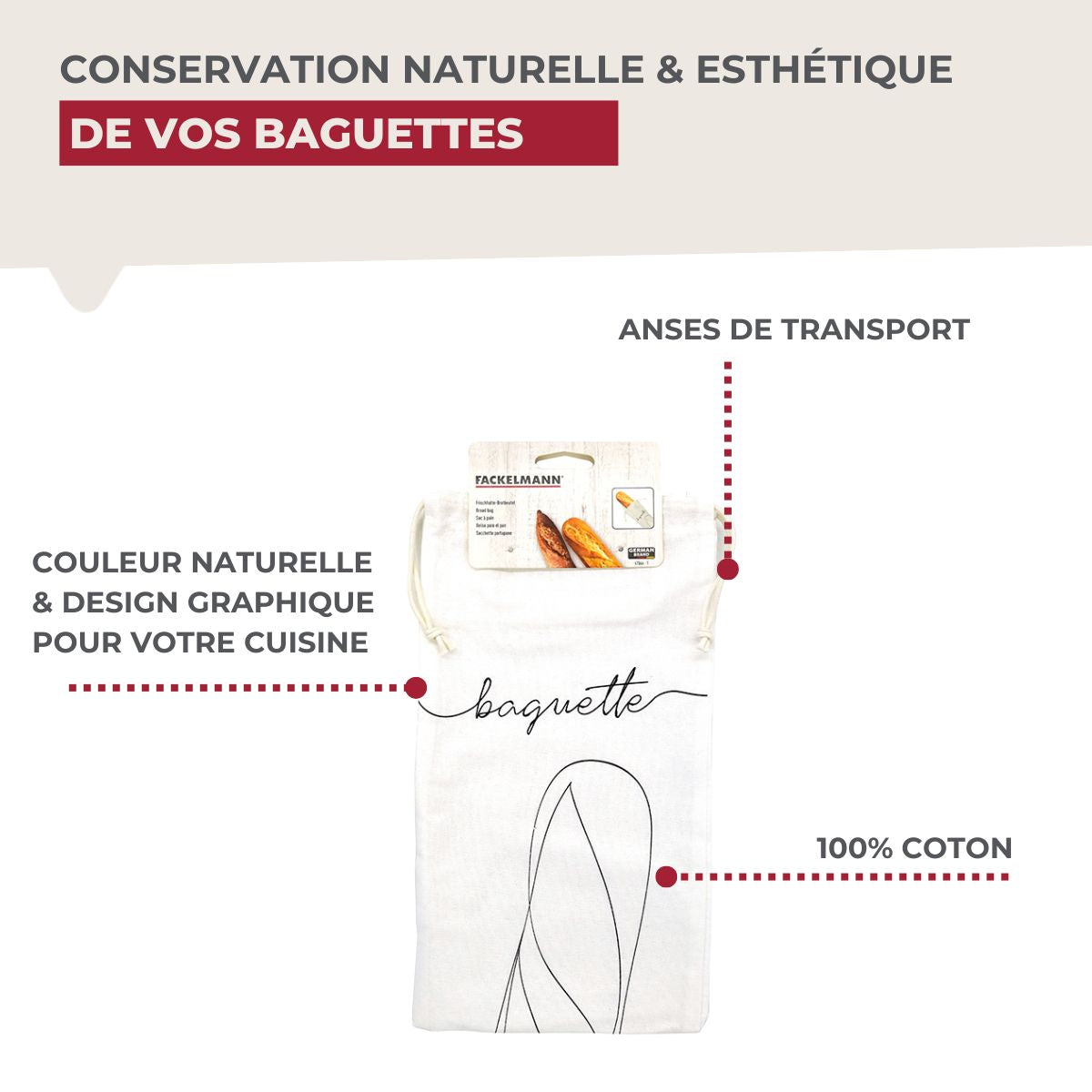 Sac de conservation pour baguette de pain en coton  Nature Fackelmann - Mathon - 4