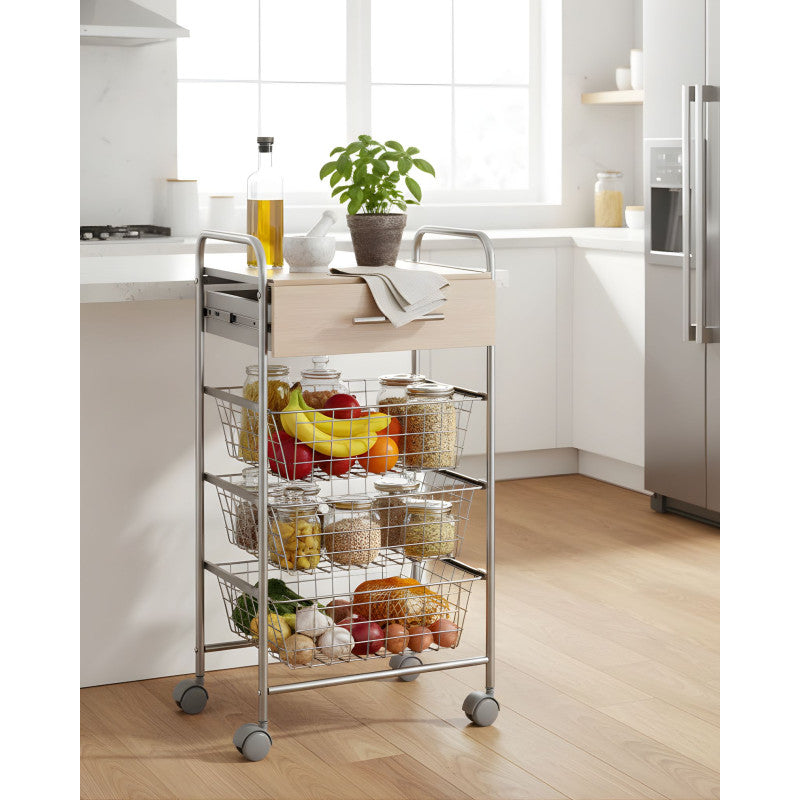 Desserte de cuisine alesia – 3 paniers, tiroir et plateau hêtre – gris aluminium Don Hierro - Mathon - 6