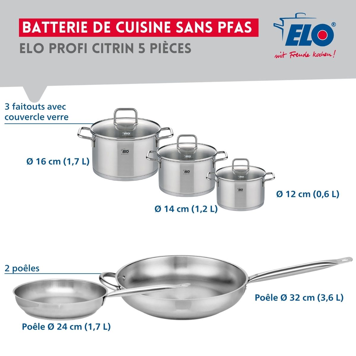 Ensemble de 2 Poêles de cuisson 24 et 32 cm et 3 faitouts 12, 14 et 16 cm  Profi Citrin Elo - Mathon - 2