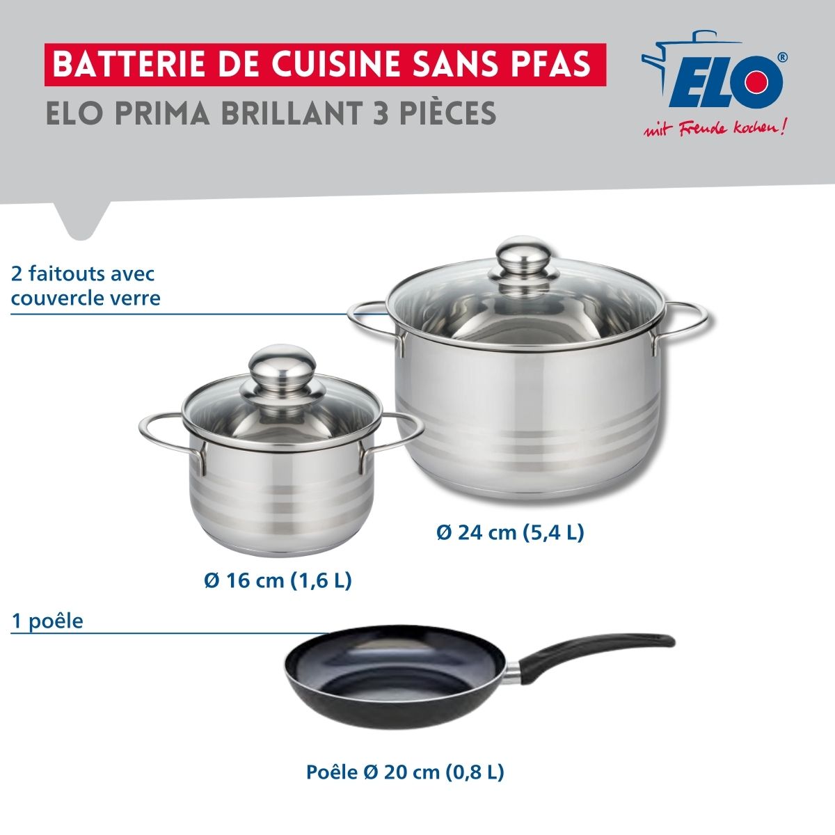 Ensemble de 1 Poêle de cuisson 20 cm et 2 faitouts 16 et 24 cm  Prima Brillant Elo - Mathon - 2