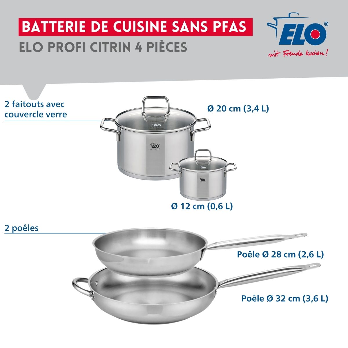 Ensemble de 2 Poêles de cuisson 28 et 32 cm et 2 faitouts 12 et 20 cm  Profi Citrin Elo - Mathon - 2