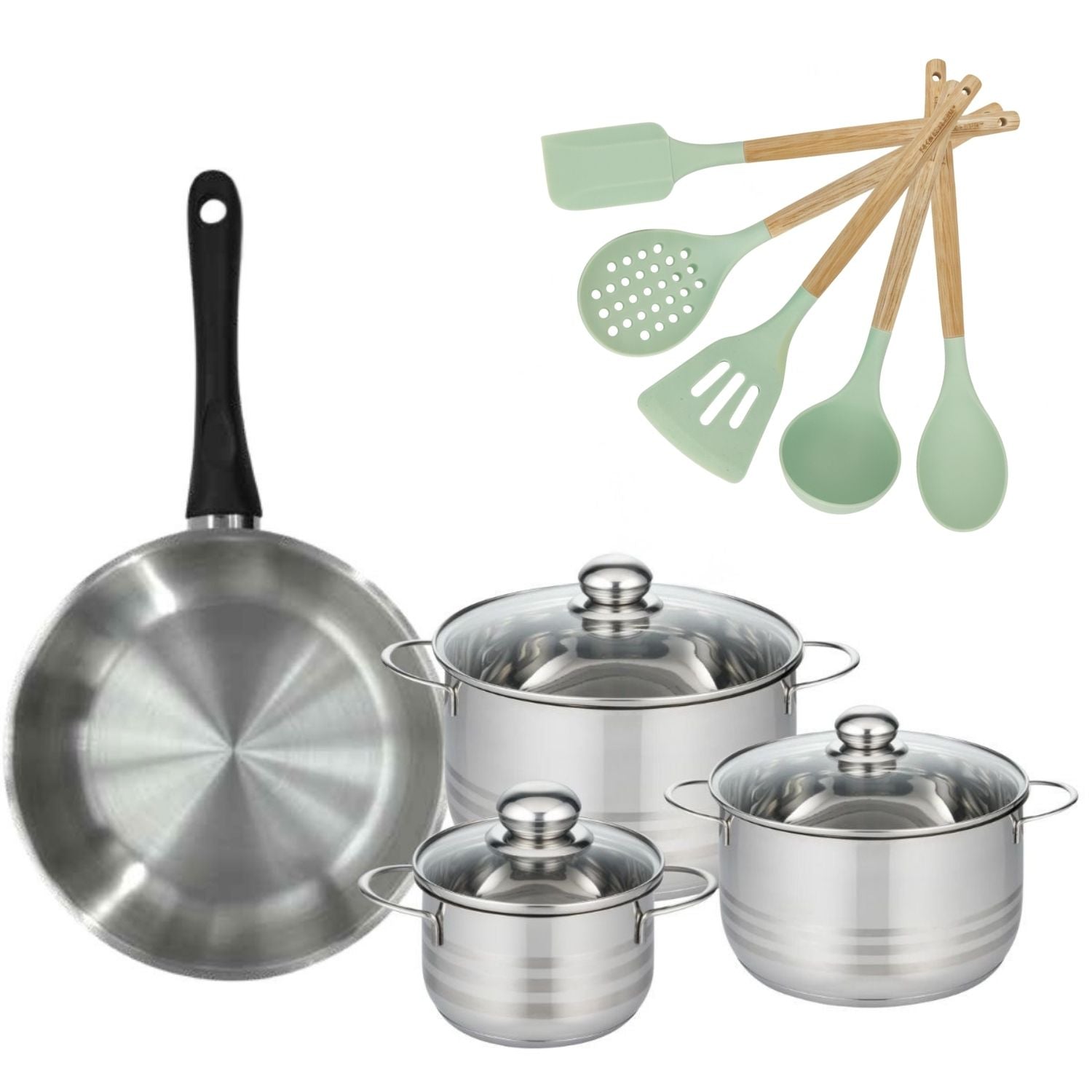 Lot Poêle 28 cm  Généva et 3 Faitouts en acier inoxydable 16/20/24 cm et 5 ustensiles Fackelmann - Mathon - 1