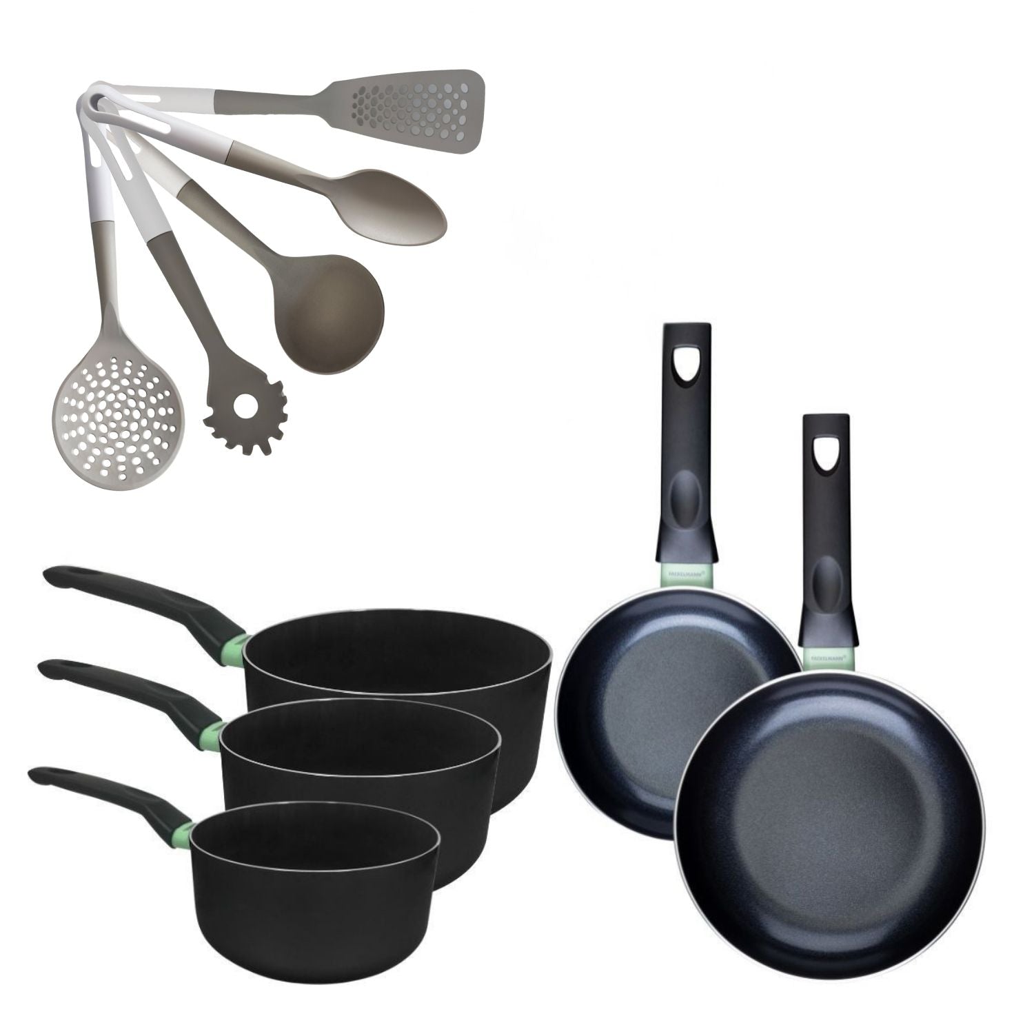 Lot de 2 poêles 16/20 cm et 3 casseroles 16/18/20 cm  Brandao avec 5 ustensiles de cuisine Fackelmann - Mathon - 1
