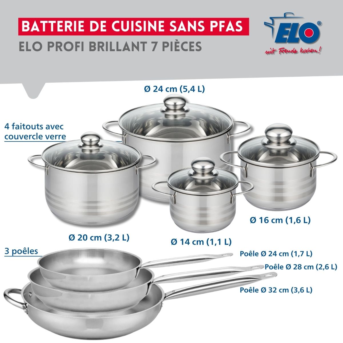 Ensemble de 3 Poêles de cuisson 24, 28 et 32 cm et 4 faitouts 14, 16, 20 et 24 cm  Profi Brillant Elo - Mathon - 2