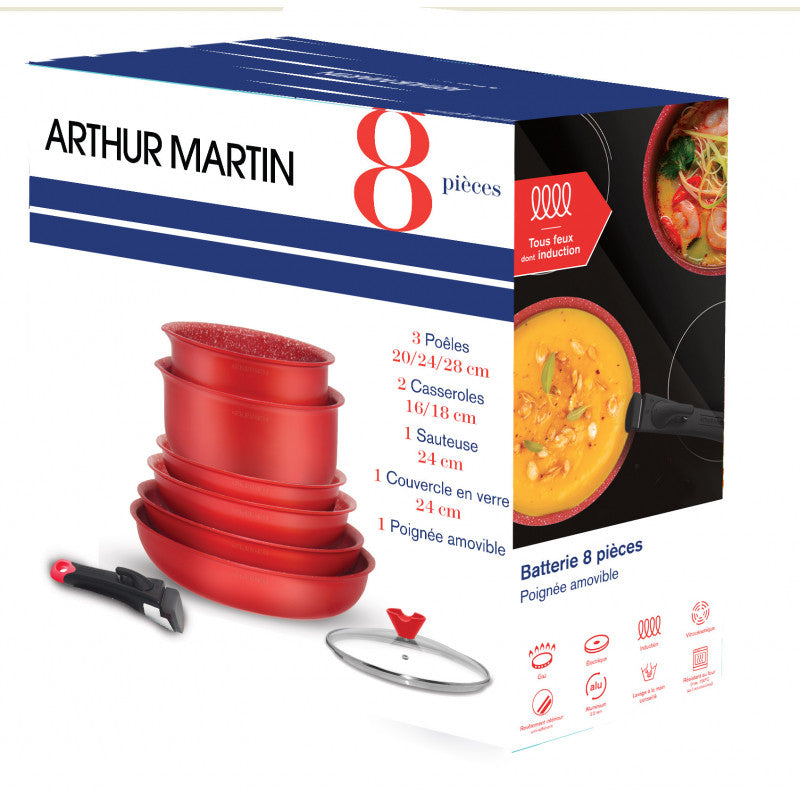 Batterie de cuisine avec manche amovible 8 pièces Rouge Arthur Martin AMR88 Arthur Martin - Mathon - 2