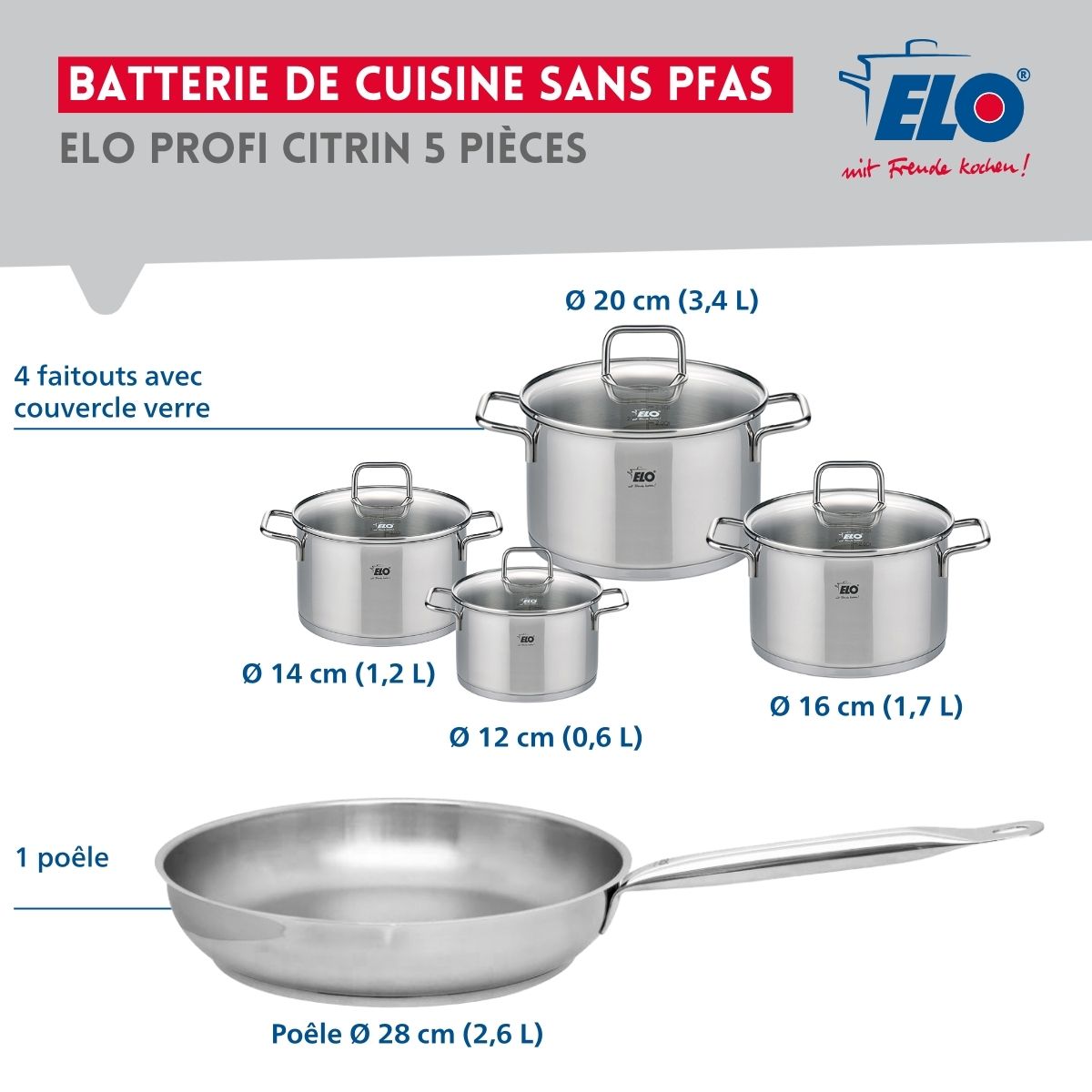 Ensemble de 1 Poêle de cuisson 28 cm et 4 faitouts 12, 14, 16 et 20 cm  Profi Citrin Elo - Mathon - 2