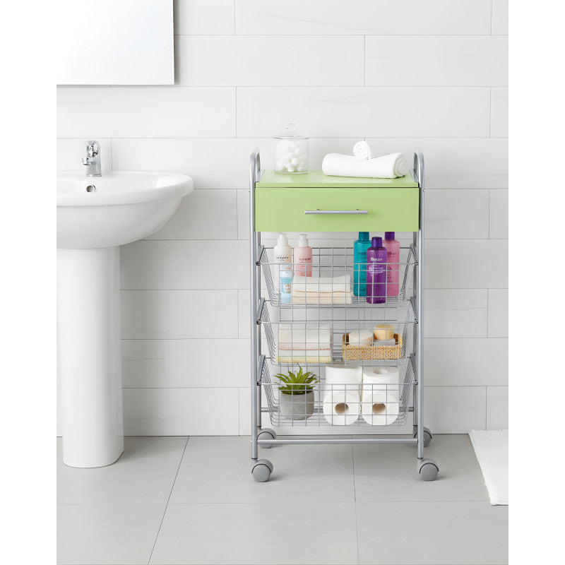 Desserte de cuisine alesia pistache – 3 paniers, tiroir et plateau d