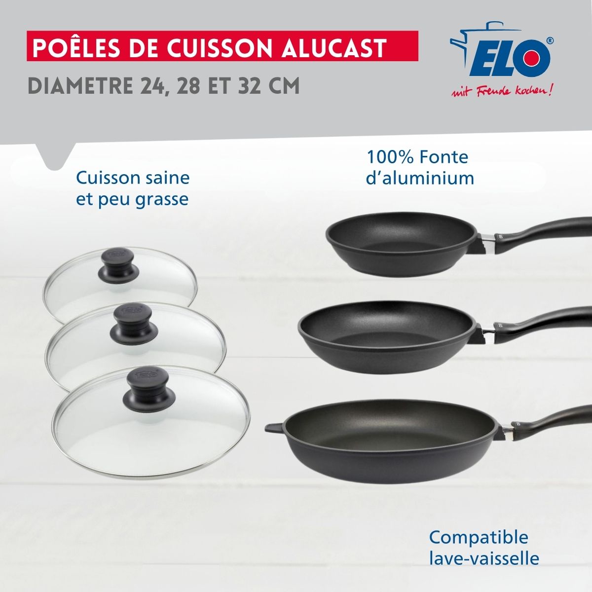 Set de 3 poêles 24 cm 28 cm et 32 cm et couvercles sans PFAS  Alucast Elo - Mathon - 3
