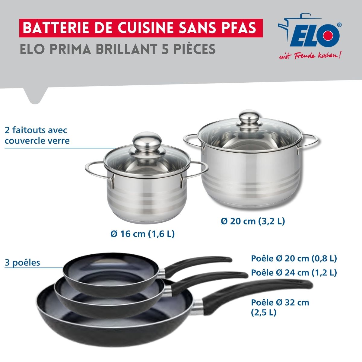 Ensemble de 3 Poêles de cuisson 20, 24 et 32 cm et 2 faitouts 16 et 20 cm  Prima Brillant Elo - Mathon - 2