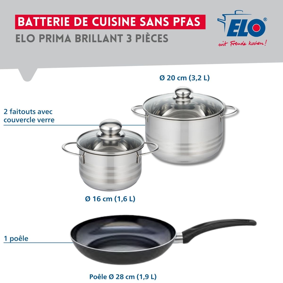 Ensemble de 1 Poêle de cuisson 28 cm et 2 faitouts 16 et 20 cm  Prima Brillant Elo - Mathon - 2