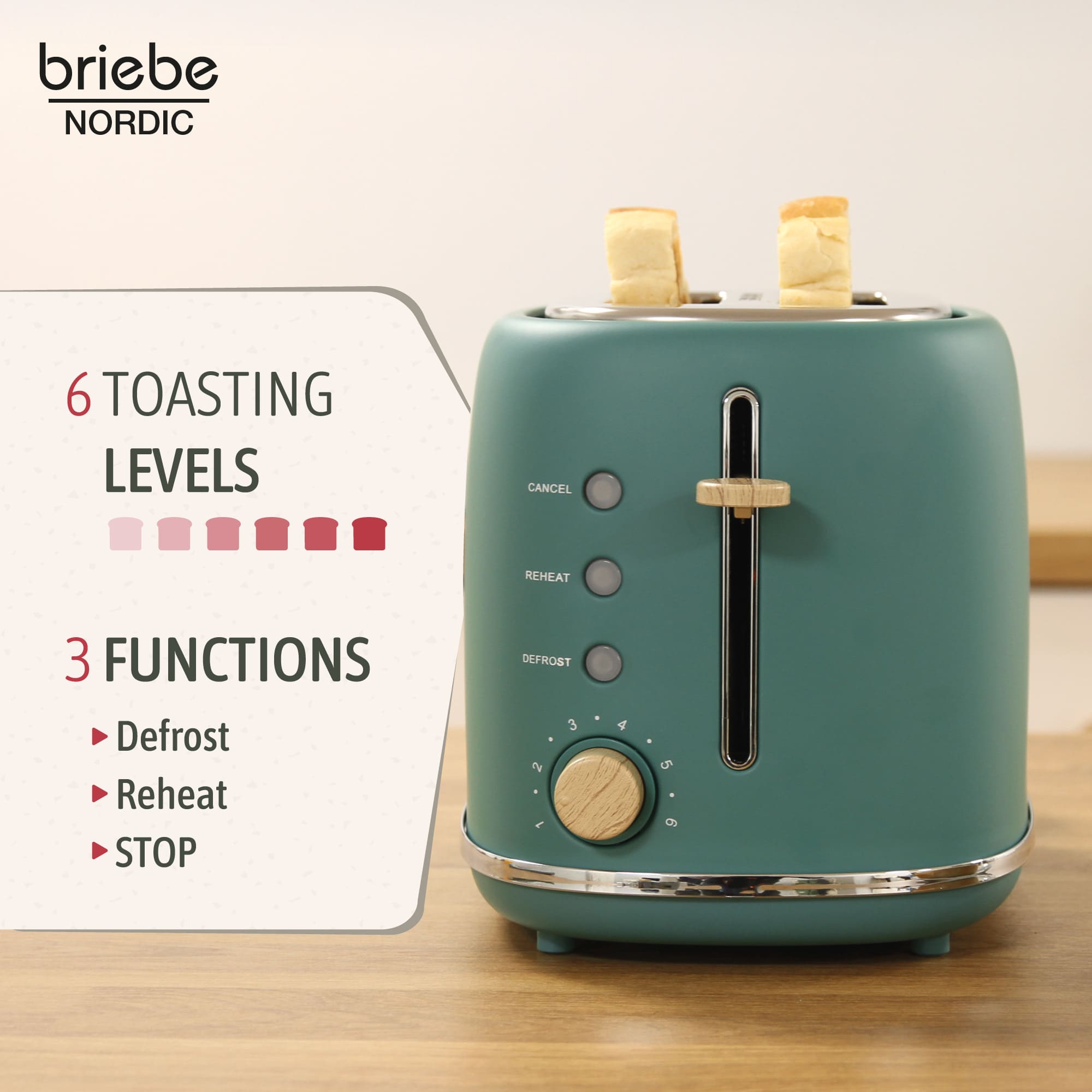 Nordic Grille Pain 2 Fentes, Tranches Larges, 6 Niveaux de Dorage, Décongélation 870 Vert TA1166GRE - Mathon - 3