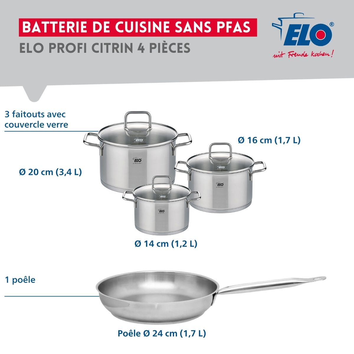 Ensemble de 1 Poêle de cuisson 24 cm et 3 faitouts 14, 16 et 20 cm  Profi Citrin Elo - Mathon - 2