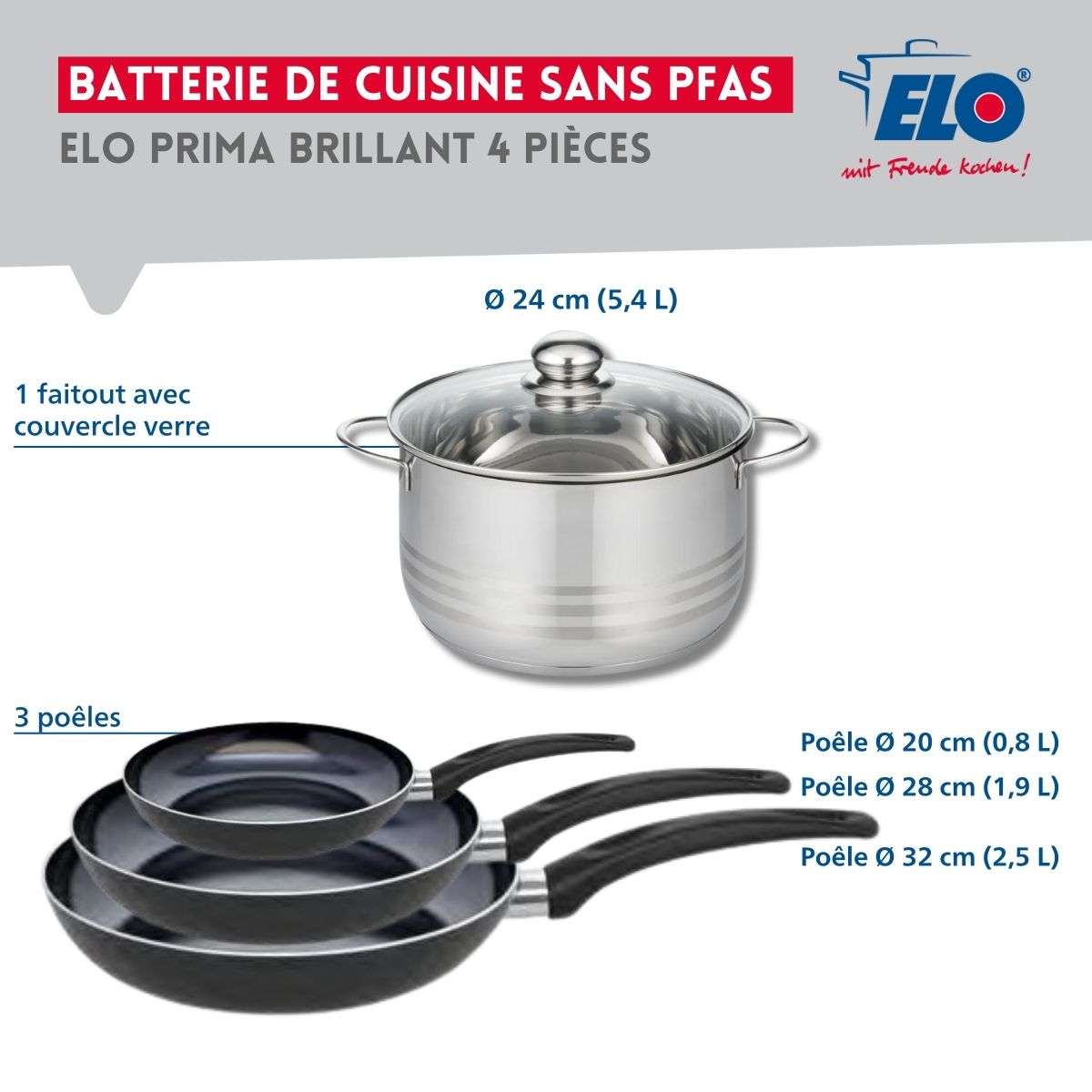 Ensemble de 3 Poêles de cuisson 20, 28 et 32 cm et 1 faitout 24 cm  Prima Brillant Elo - Mathon - 2