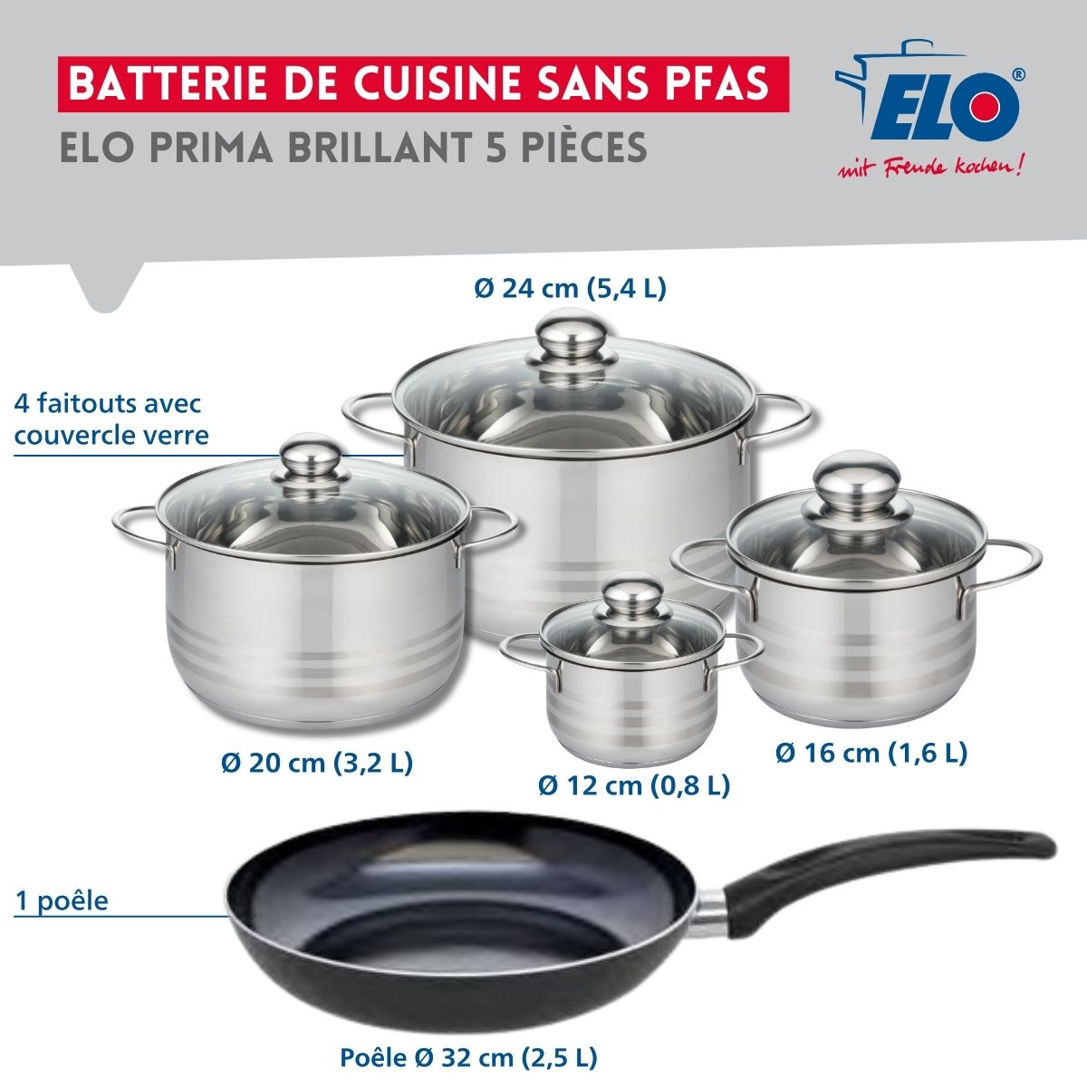 Ensemble de 1 Poêle de cuisson 32 cm et 4 faitouts 12, 16, 20 et 24 cm  Prima Brillant Elo - Mathon - 2