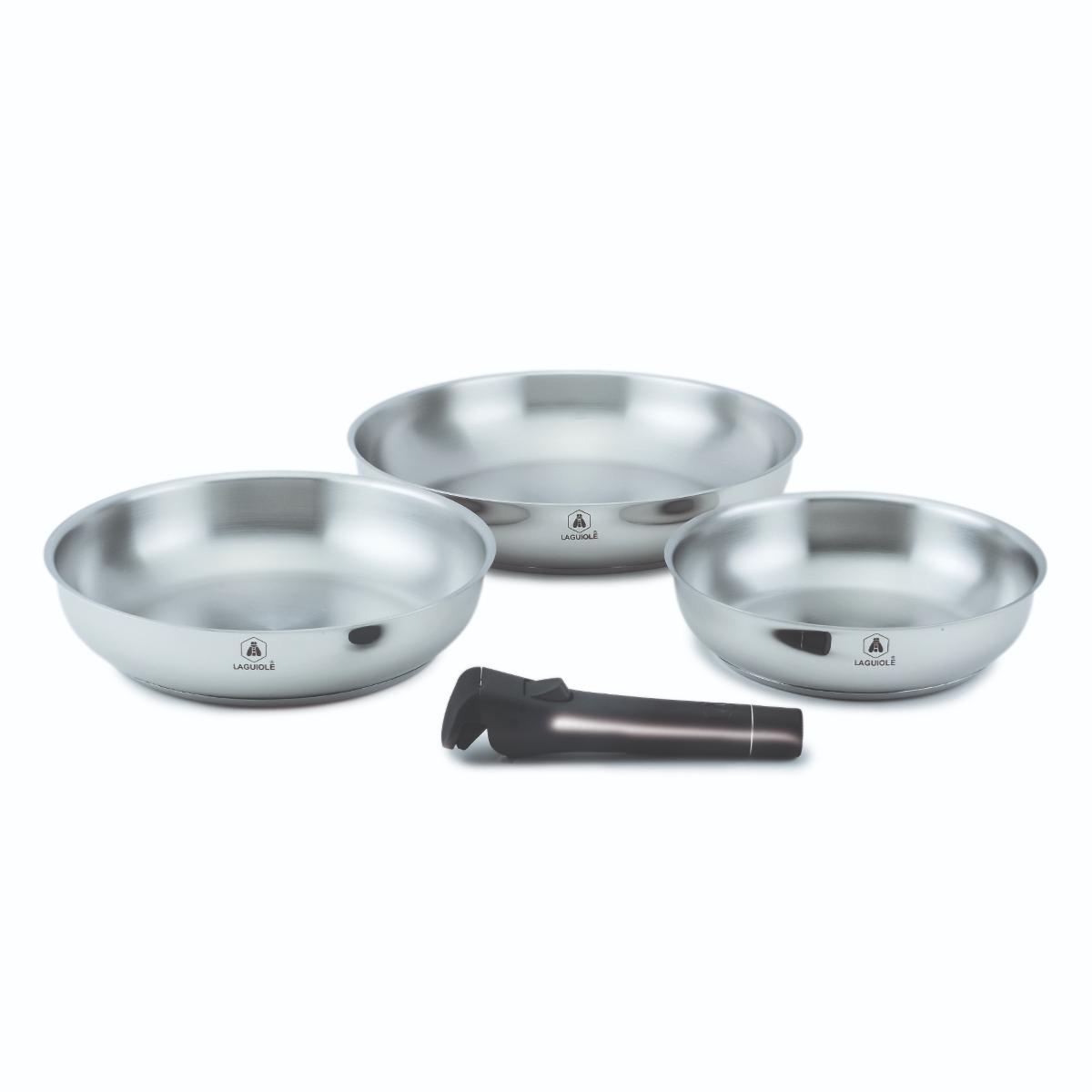 Set de 3 poêles inox amovible 20/24/28cm - "Réactif" Laguiole Cuisson - Mathon - 1