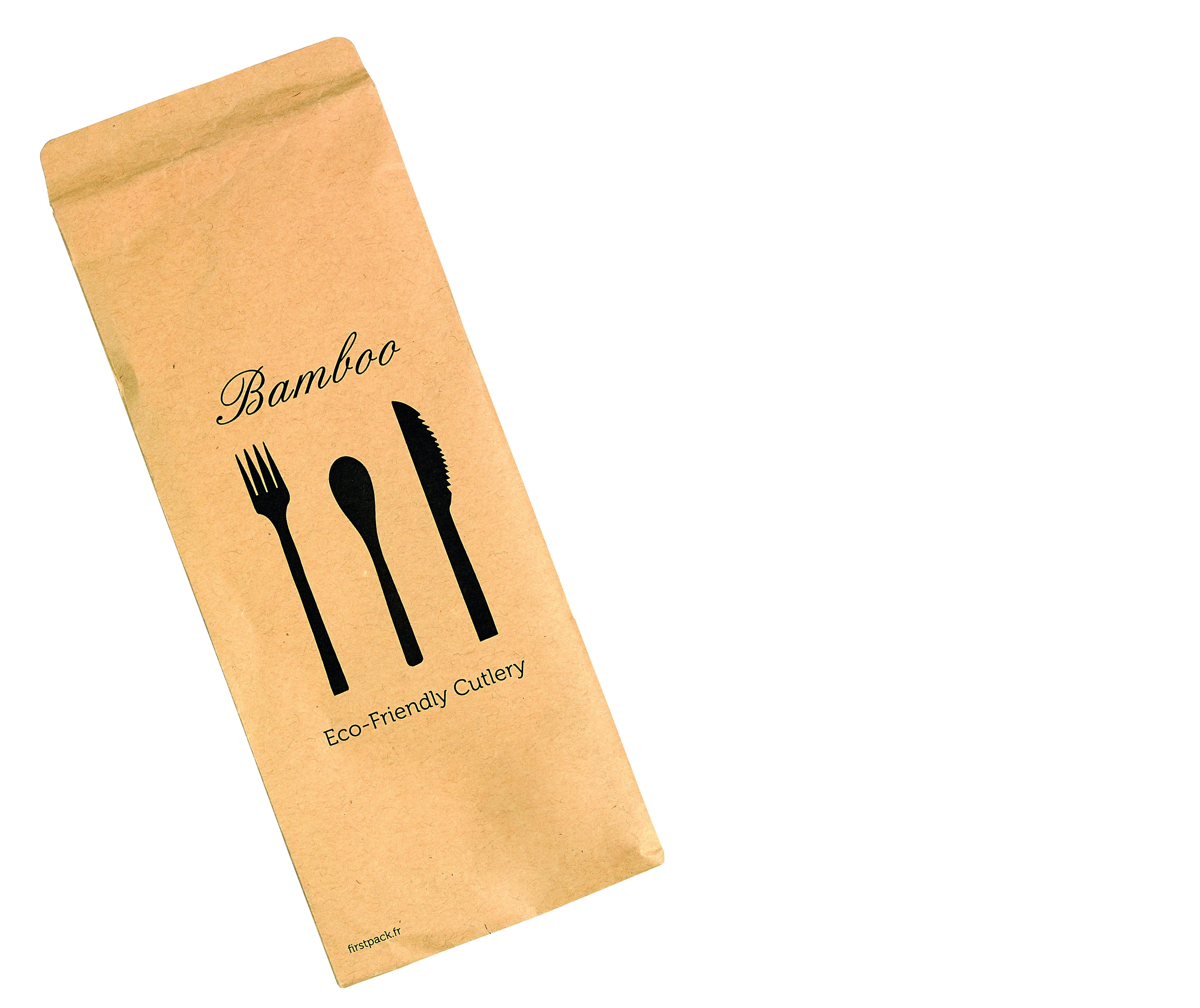 100Pcs - Kit couverts bambou "Anji" 3/1: couteau fourchette cuillère, emballage kraft  H170mm FirstPack - Mathon