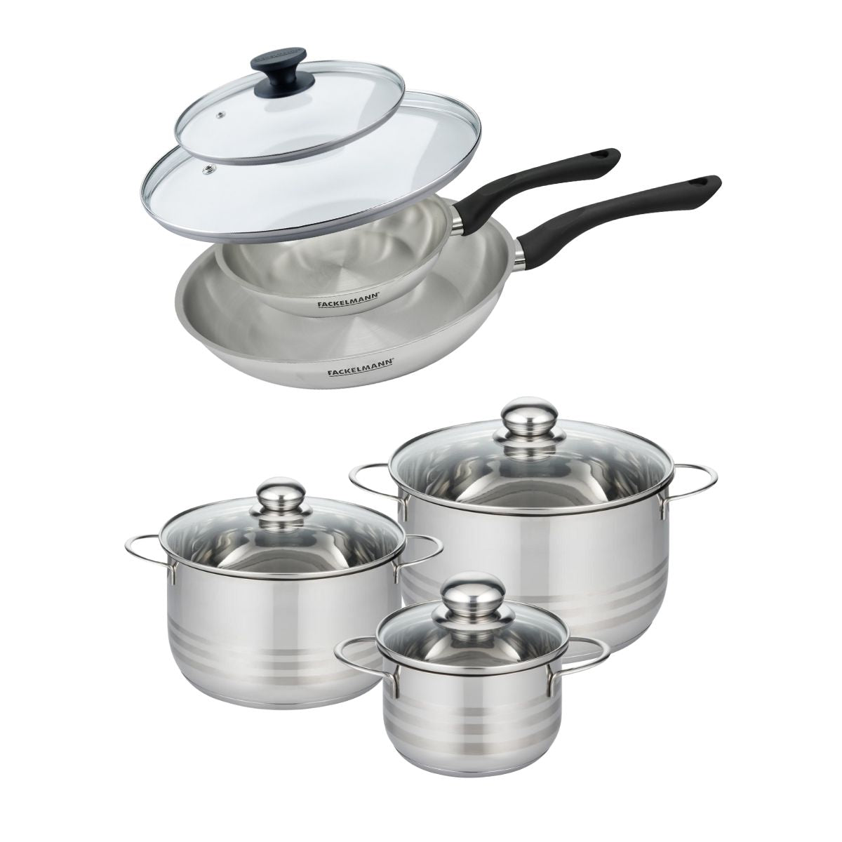 Set de 2 poêles 20 et 28 cm en inox et couvercle, 3 faitouts inox 16, 20 et 24 cm  Geneva Fackelmann - Mathon - 1