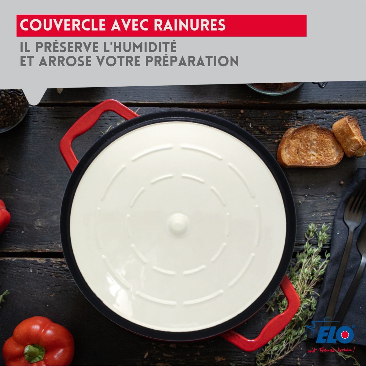 Cocotte en fonte émaillée 26 cm rouge cerise 4.5 L Elo - Mathon - 8