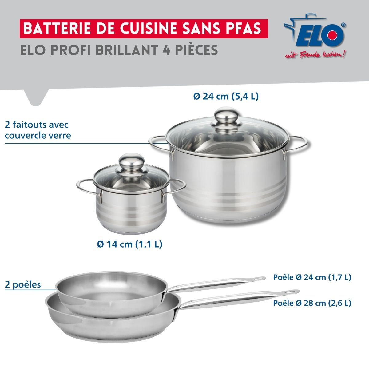 Ensemble de 2 Poêles de cuisson 24 et 28 cm et 2 faitouts 14 et 24 cm  Profi Brillant Elo - Mathon - 2