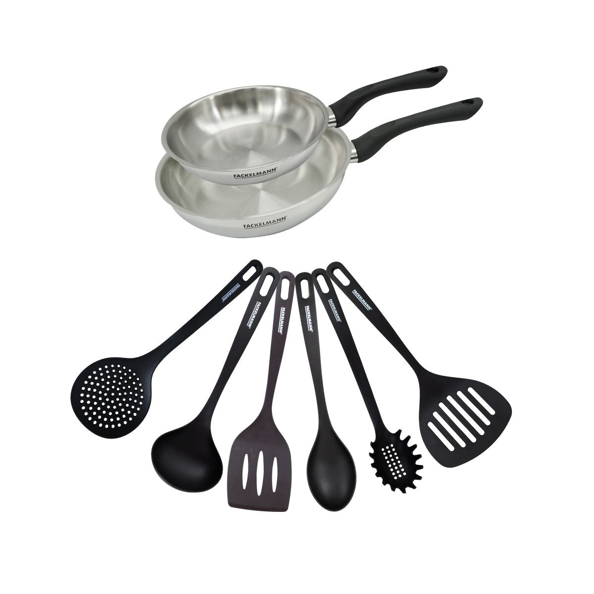 Set 2 poêles 20 et 24 cm en inox et 6 ustensiles  Geneva Fackelmann - Mathon - 1